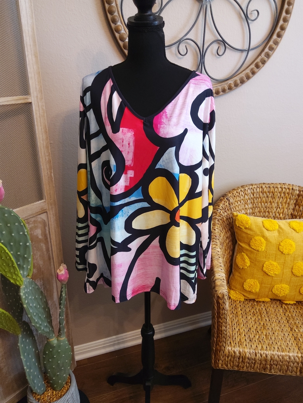 Sakurafina Floral V-Neck Top in Pink, Black, White & Yellow